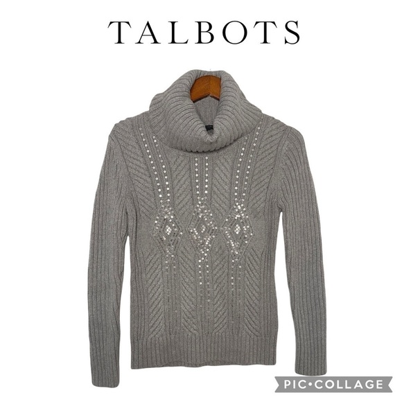 Talbots Sweaters - Talbots cowl neck wool blend sequins cable knit gray sweater